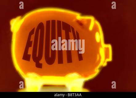 Negative Equity Concept using a empty Piggy Bank titled 'EQUITY' and the image produced as a negative. Stock Photo