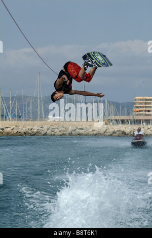 kitesurfer jumping, Spain, Balearen, Majorca Stock Photo