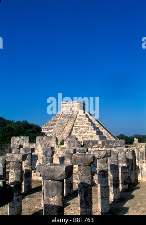Chichen Itza maya ruins Mexico Group of a Thousand Columns castle pyramid in background mayan yucatan mexico Stock Photo
