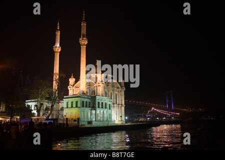 Ortakoy Mosque and Bosphorus bridge at night, Beksistas district, Istanbul, Turkey. Stock Photo