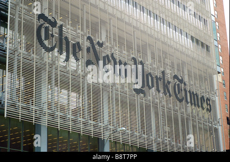 The New York Times Building in New York City, View of Logo on 8th Avenue  in New York City (Editorial Use Only) Stock Photo