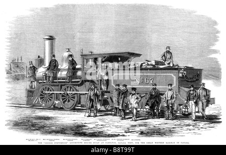 George Stephenson Locomotive Canada 1860 engraving of the new engine built Hamilton Ontario for the Canadian GWR Stock Photo