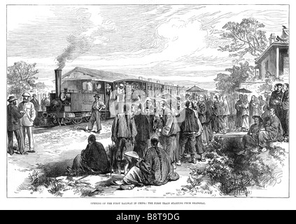 First Railway in China Shanghai 1876 engraving of the first train leaving Shanghai for Woosung on the 15 mile line Stock Photo