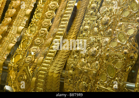 necklace display in gold souk shop window, dubai, uae Stock Photo