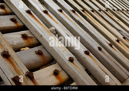 Close up of weathered wooden sea defences at Happisburgh on the North Norfolk coast Stock Photo