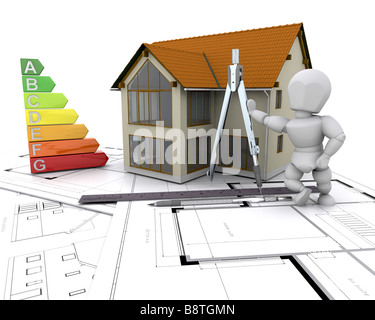 3D render of a house on plans with energy rating Stock Photo