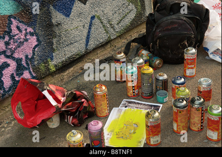 Spray paint cans used in painting graffiti and wall murals Stock Photo ...