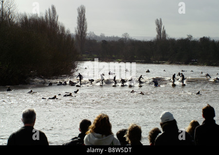 Surfers riding the Severn Bore at Minsterworth Gloucestershire with spectators looking on Stock Photo