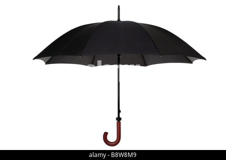 An open black umbrella with wooden handle isolated on a white background Stock Photo