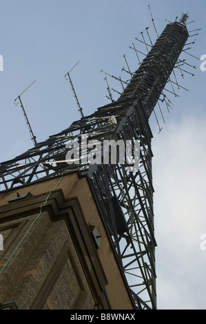 Under view of the transmitter tower on Alexandra  Palace, North London. Site of the first TV transmission. Stock Photo