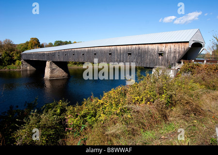 The Cornish Windsor Bridge is the longest wooden covered bridge in the United States. Stock Photo