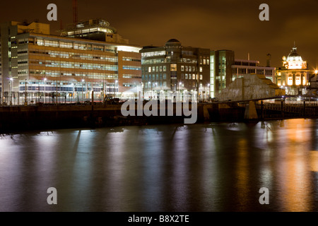 Looking across the River Clyde to Glasgow's Financial District at Night Stock Photo