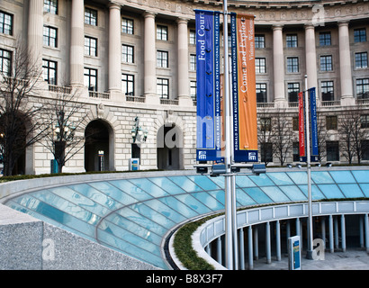 This is a detailed view of the food court of the Ronald Regan Building and International Trade Center in Washington DC. Stock Photo