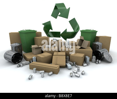 Recycling icon amongst lots of stuff to recycle Stock Photo