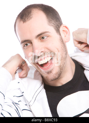 smiley man with strange funny facial expression Stock Photo
