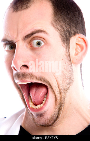 smiley man with strange funny facial expression, big mouth , Stock Photo