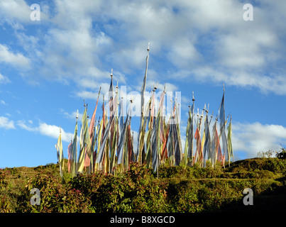 A group of prayer flags on a hill side above  a newly renovated and extended nunnery near Trashigang. Stock Photo