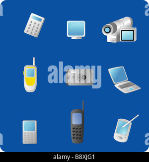 Vector based illustration of various electronic gadgets isolated on a blue background Stock Photo
