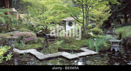 The Tea House amongst Acers and mossy banks in the Japanese Garden at Tatton Park Cheshire Stock Photo