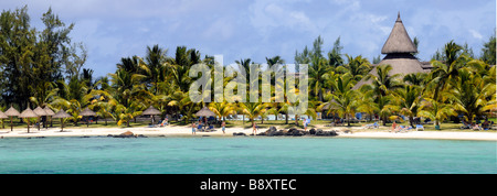 Panoramic view of Private beach of Shandrani hotel near Mahebourg, Blue Bay, Mauritius island Stock Photo
