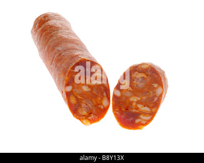 Fresh Spicy Uncooked Chorizo Sausage Isolated Against A White Background With No People And A Clipping Path Stock Photo