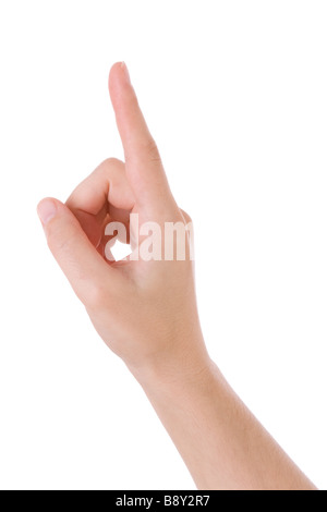 Hand pointing, touching or pressing isolated on white. Caucasian female. Stock Photo
