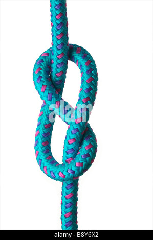 Figure of eight knot on a blue rope with pink and purple highlights isolated on a white background Stock Photo