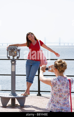 Two friends taking pictures Skane Sweden. Stock Photo