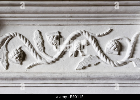 Jacobean plasterwork frieze on the fireplace in the Kings Room at Westwood Manor , near Bradford-on-Avon, Wiltshire. Stock Photo
