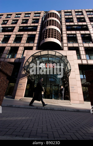 UBS Bank's headquarters is located in Broadgate, near Liverpool Street, London, serving as a central hub for its operations in the UK. Stock Photo