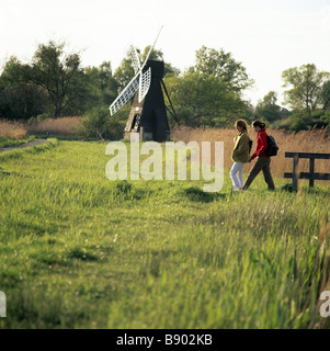 View of wind pump windmill and visitors walking at Wicken Fen Cambridgeshire Stock Photo