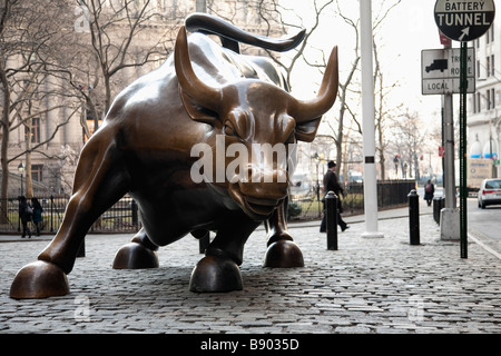 Charging Bull on Bowling Green and Broadway New York USA Stock Photo