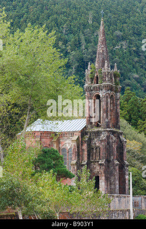 Gothic church on the shore of Lake Furnas on Sao Miguel island in The Azores Stock Photo