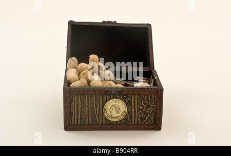 Small treasure chest, half filled with peanuts, half with coins Stock Photo