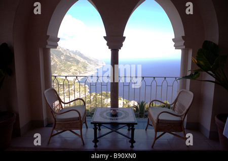 The view from the Caruso Hotel in Ravello over the Amalfi Coast in Italy with two seats Stock Photo