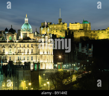 Edinburgh Castle and the Bank of Scotland HQ, Edinburgh, Scotland, UK.