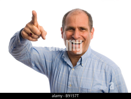 handsome middle age business executive finger pointing up to indicate positive success action Stock Photo