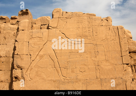 Wall relief showing Tuthmosis III smiting his enemies carved on Seventh Pylon, Karnak Temple, Luxor, Egypt Stock Photo