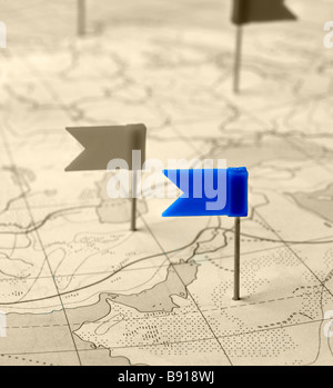 Flag a pin A label on a planimetric map Stock Photo