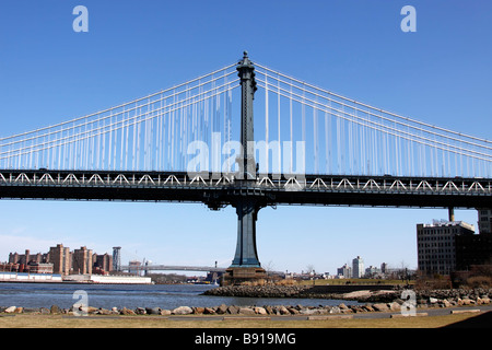 View of Brooklyn side of the Manhattan Bridge crossing over the East River, New York City, USA Stock Photo