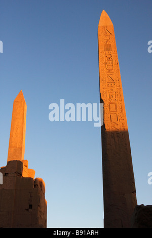 Two Obelisks of Queen Hatshepsut and Pharaoh Tuthmosis I against blue sky at sunset, Karnak Temple, Luxor, Egypt Stock Photo