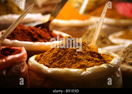 Local spices on display at the saturday night market at Baga in Goa, India Stock Photo