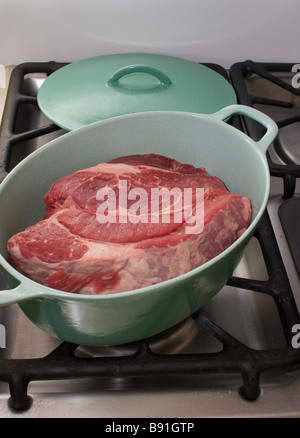 Pot roast in a pot ready for the oven Stock Photo