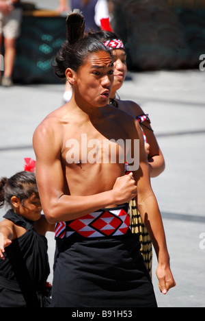 Male Maori dancer, Cathedral Square, Christchurch, Canterbury, South Island, New Zealand Stock Photo