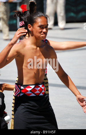 Male Maori dancer, Cathedral Square, Christchurch, Canterbury, South Island, New Zealand Stock Photo