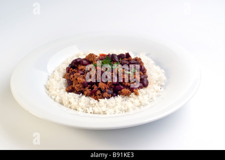 Plate of Chili Con Carne minced meat with beans and white rice Stock Photo