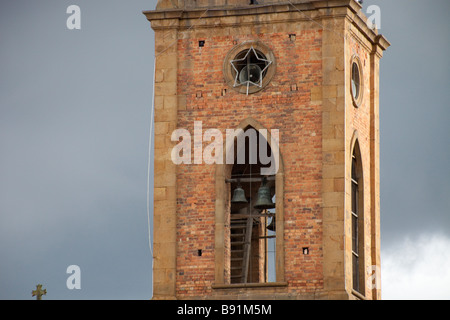 Detail of church tower in main square of Ráquira, Colombia. Stock Photo