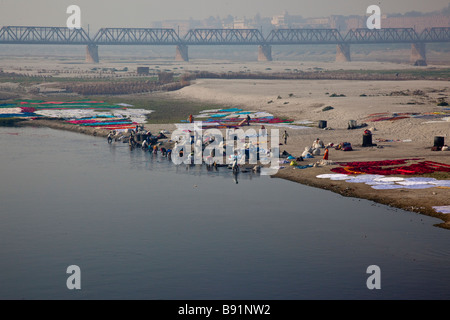 Dhobi Clothes Washers in the Yamuna River in Agra India Stock Photo