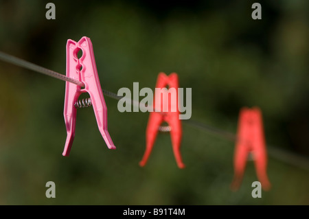 Pink peg on a washing line with red pegs in the background Stock Photo