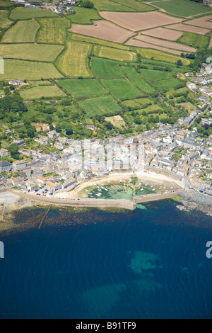 Aerial view of Mousehole harbour in summer sun Cornwall England UK United Kingdom GB Great Britain British Isles Europe EU Stock Photo